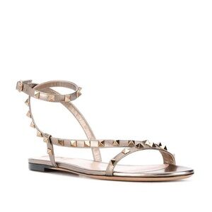 Valentino Garavani Rockstud Bronze Ankle Strap Flat Sandals